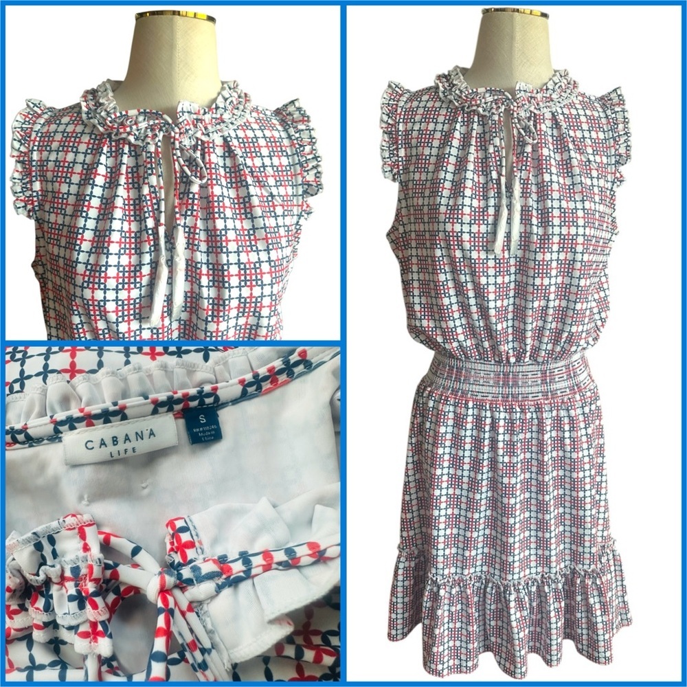 Cabana Life Cute White Midi Dress with Red & Blue Geometric Print Size S
